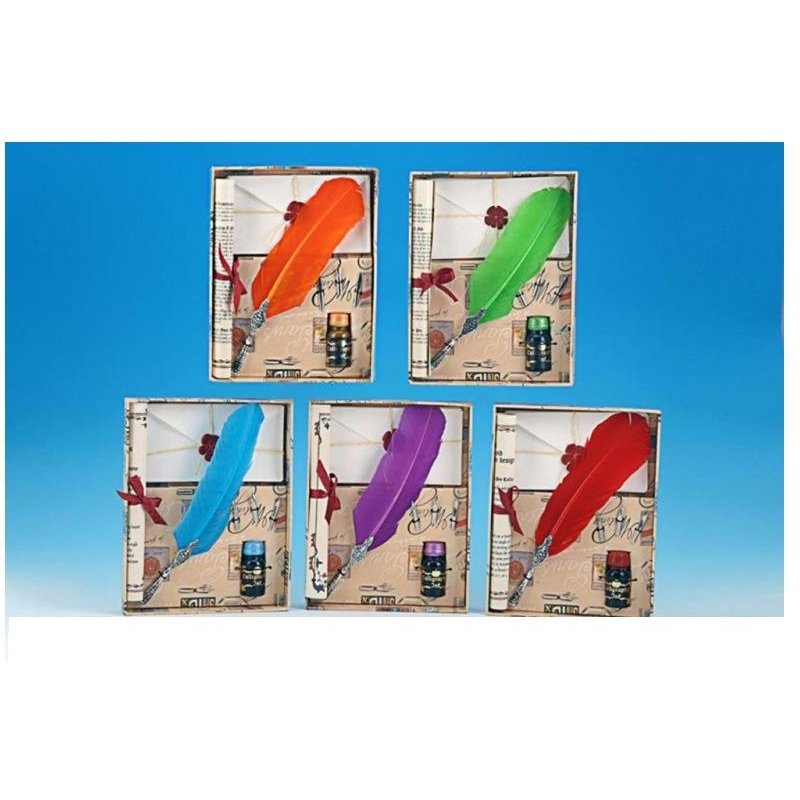 CONJUNTO DE PLUMA DE AVE Y SOBRES AZUL