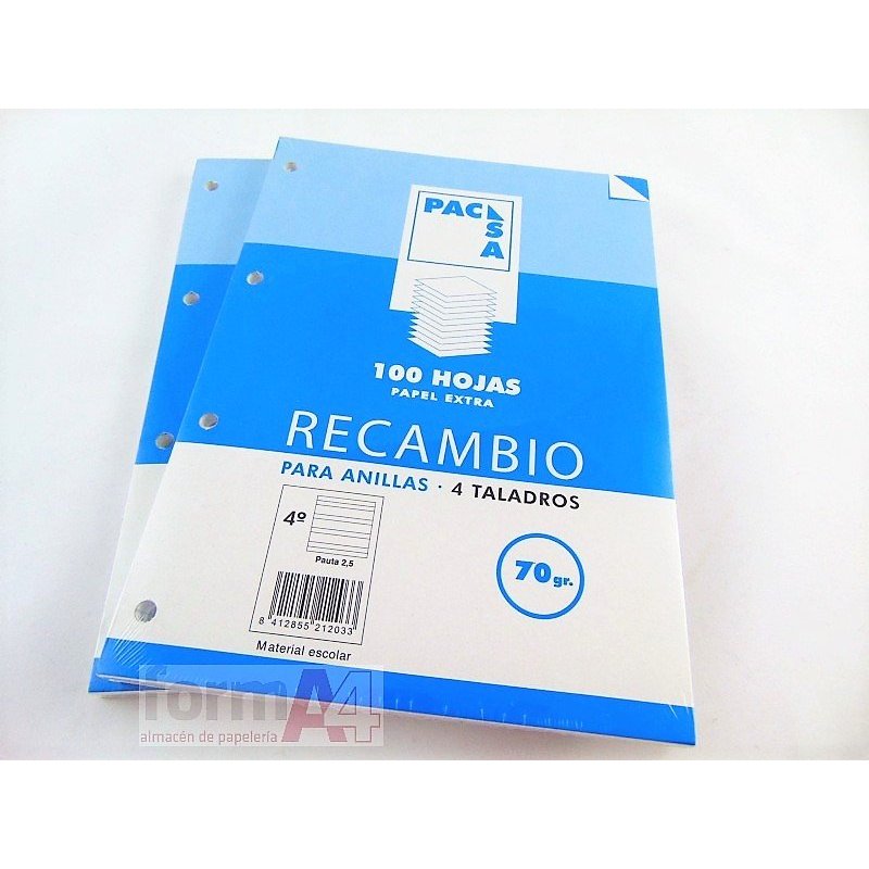 RECAMBIO PACSA 70GR. A5 4T. 100H. PAUTA 2.5MM.