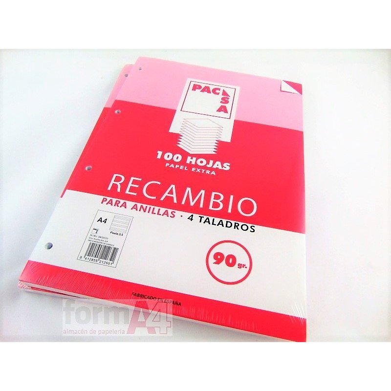 RECAMBIO PACSA 90GR. A4 4T. 100H. PAUTA 3,5MM.