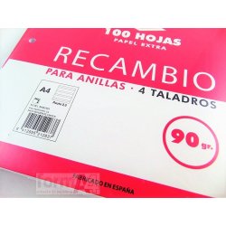 RECAMBIO PACSA 90GR. A4 4T. 100H. PAUTA 2,5MM.