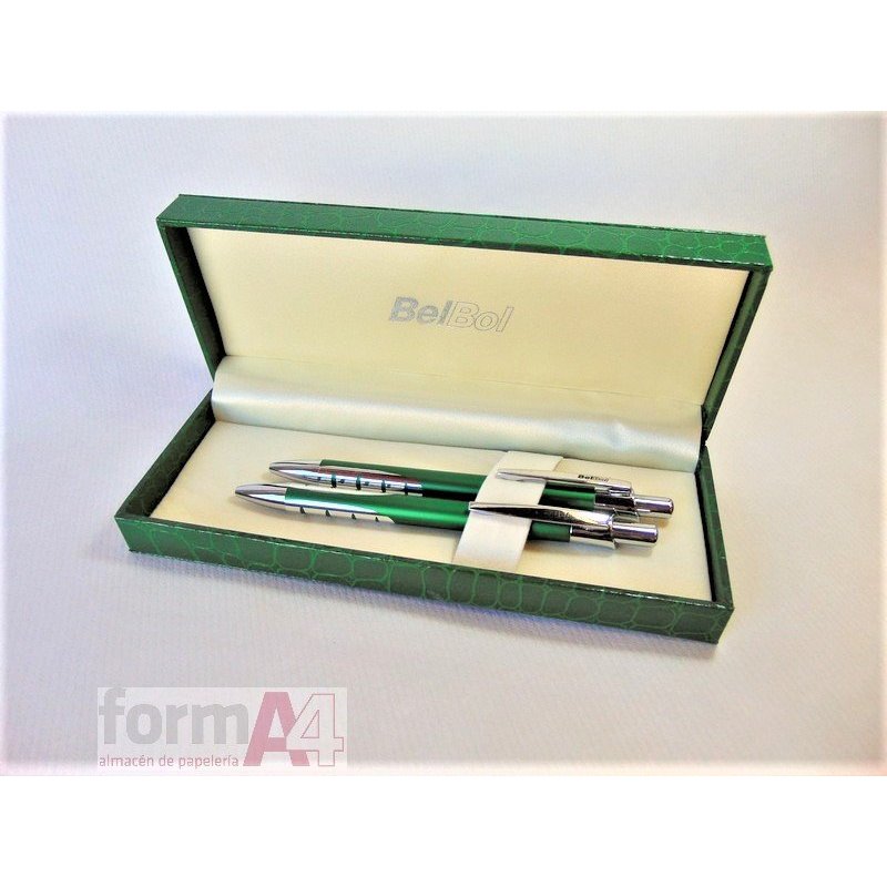 KIT BOLIGRAFO/ PORTAMINAS METALIZADO PLATEADO VERD
