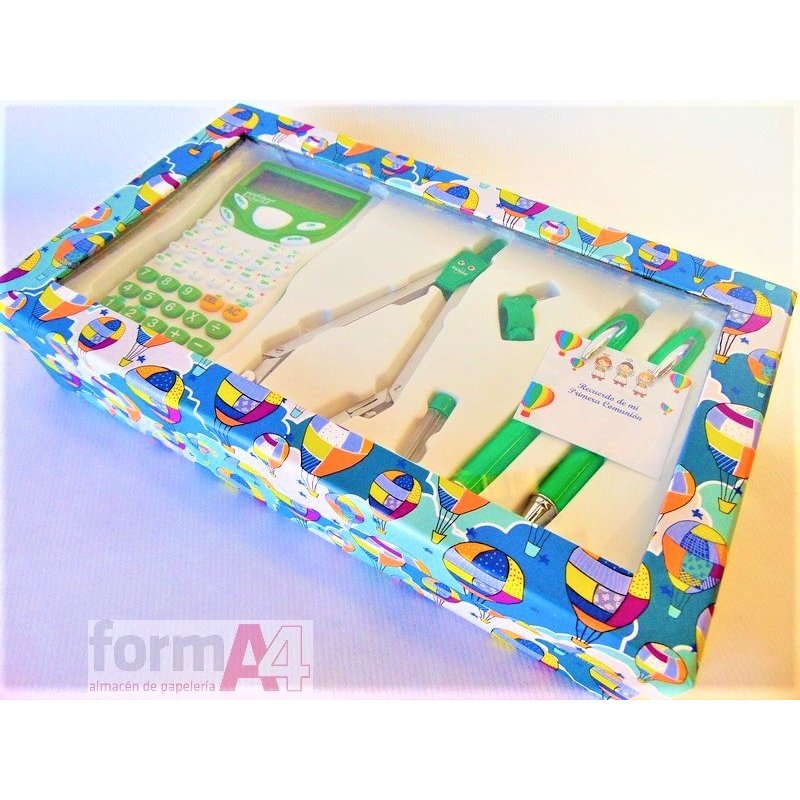 KIT CAJA FIESTA CALCULADORA COMPAS Y 2 ESCRIT. VER