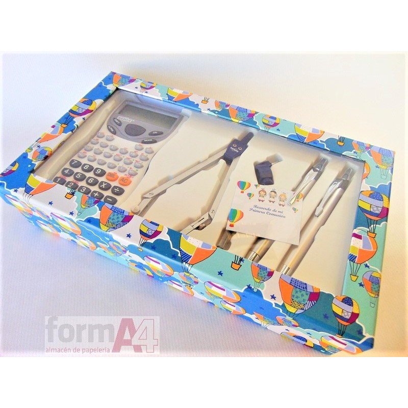 KIT CAJA FIESTA CALCULADORA COMPAS Y 2 ESCRIT. NAR
