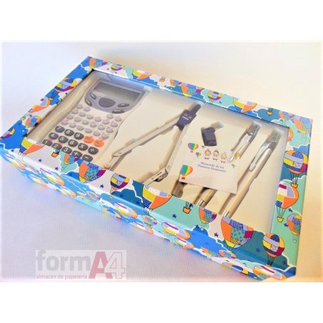 KIT CAJA FIESTA CALCULADORA COMPAS Y 2 ESCRIT. NAR