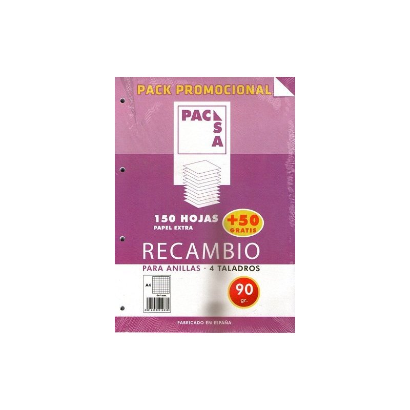 RECAMBIO PACSA 90GR. A4 4T. 150+50 HOJAS GRATIS