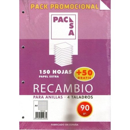 RECAMBIO PACSA 90GR. A4 4T. 150+50 HOJAS GRATIS