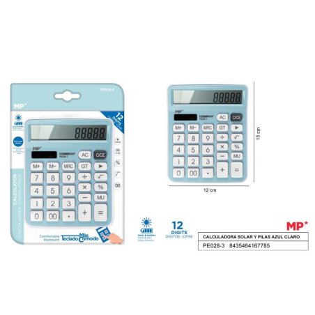 CALCULADORA SOLAR Y PILAS AZUL CLARO